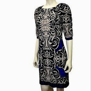 WHBM Women's Cream Black Geometric 3/4 Sleeve‎ Knee Length Knit Shift Dress S